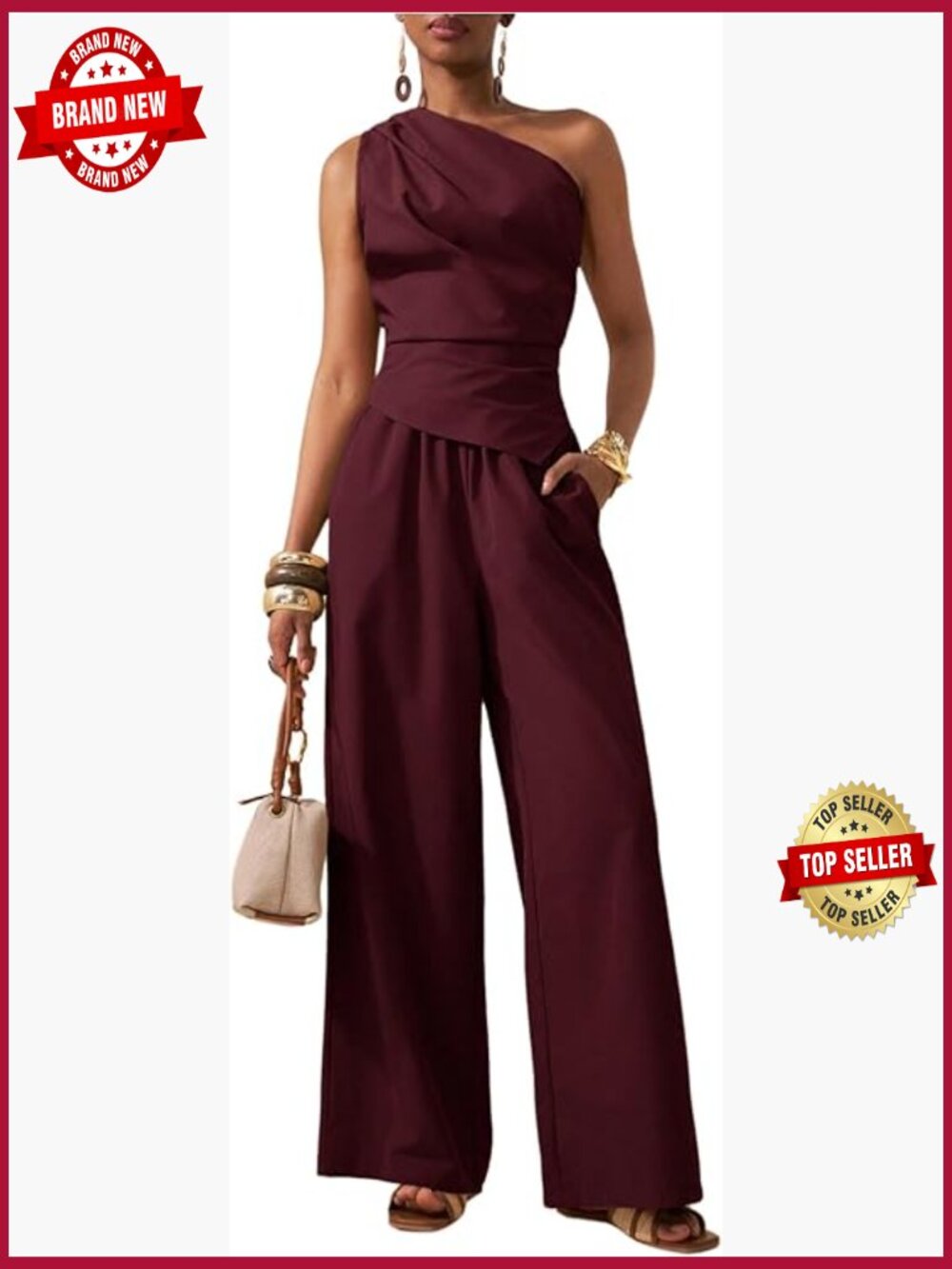 Elegant One Shoulder Ruched Top & Wide Leg Pant Set